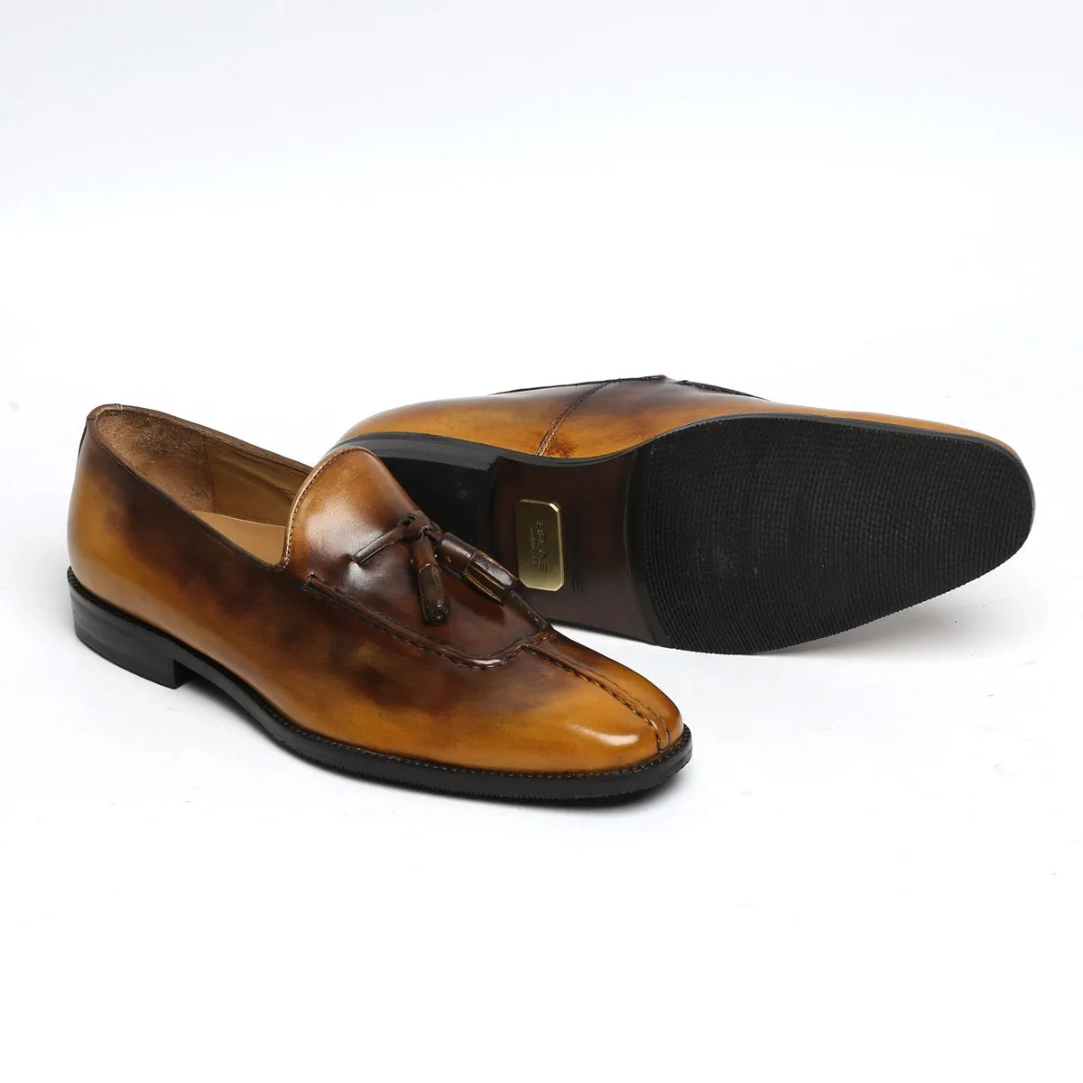 Rusty Look Yellow-Brown Leather Tassel Slip-On Shoes