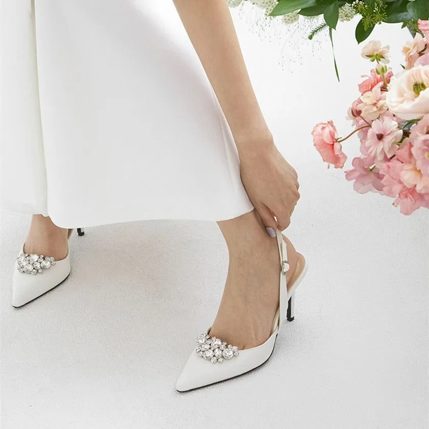 Satin Pointed Toe with Rhinestone High Heels Back Strap White Bridal Shoes