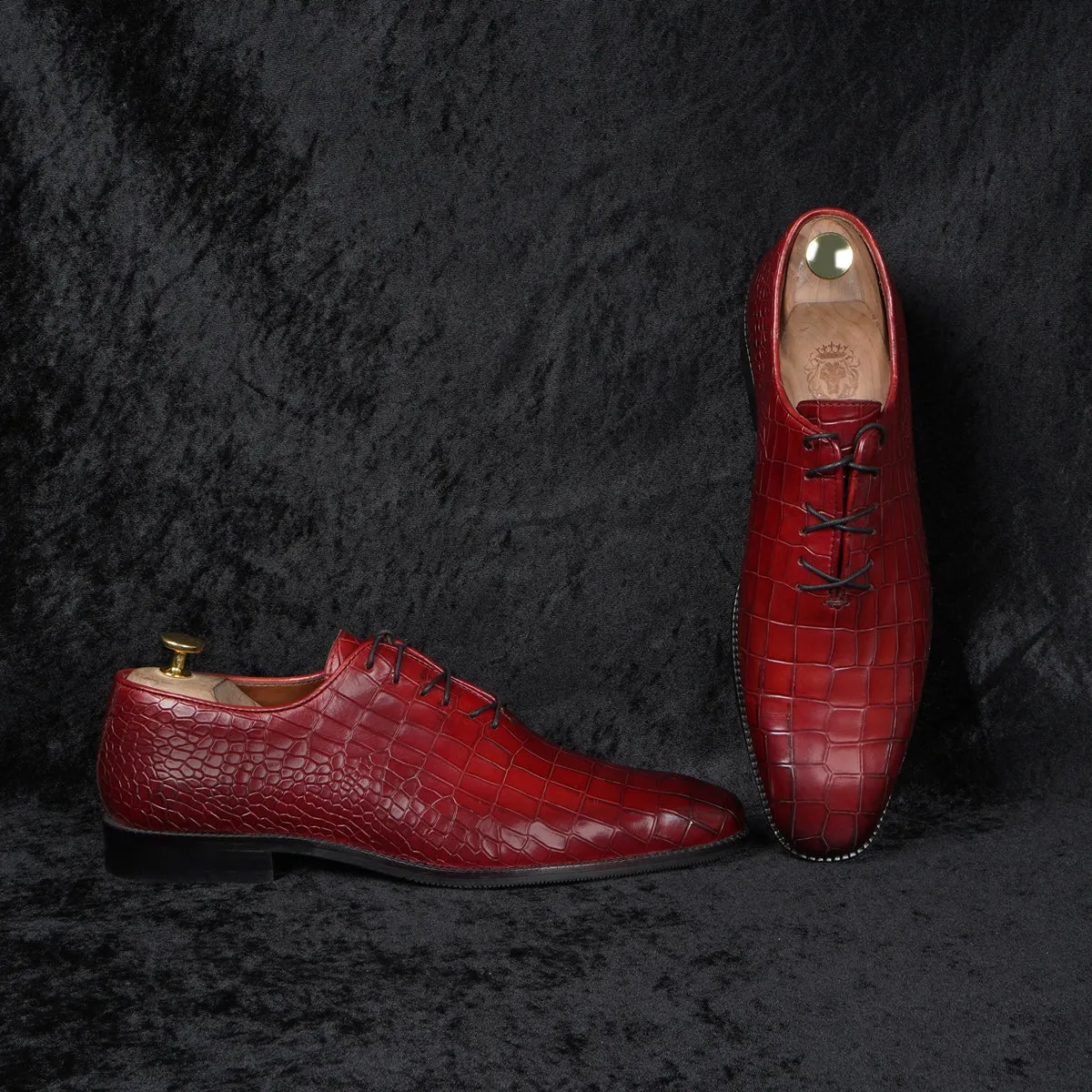 Slant Toe Oxford Wine leather Shoes Attractive Full Deep Cut Croco