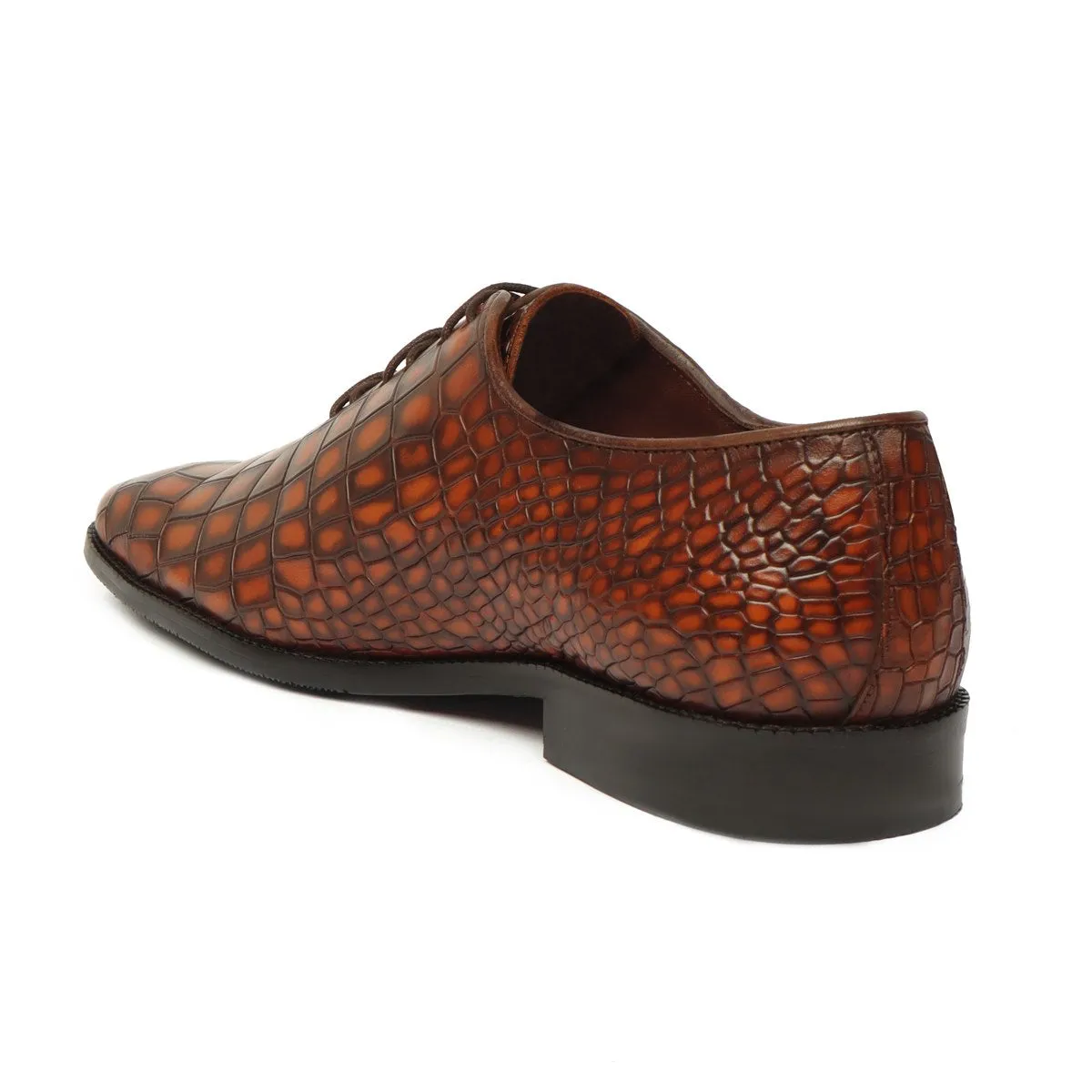 Smokey Tan Oxford Lace-Up Shoes with Full Deep Cut Croco Textured Leather