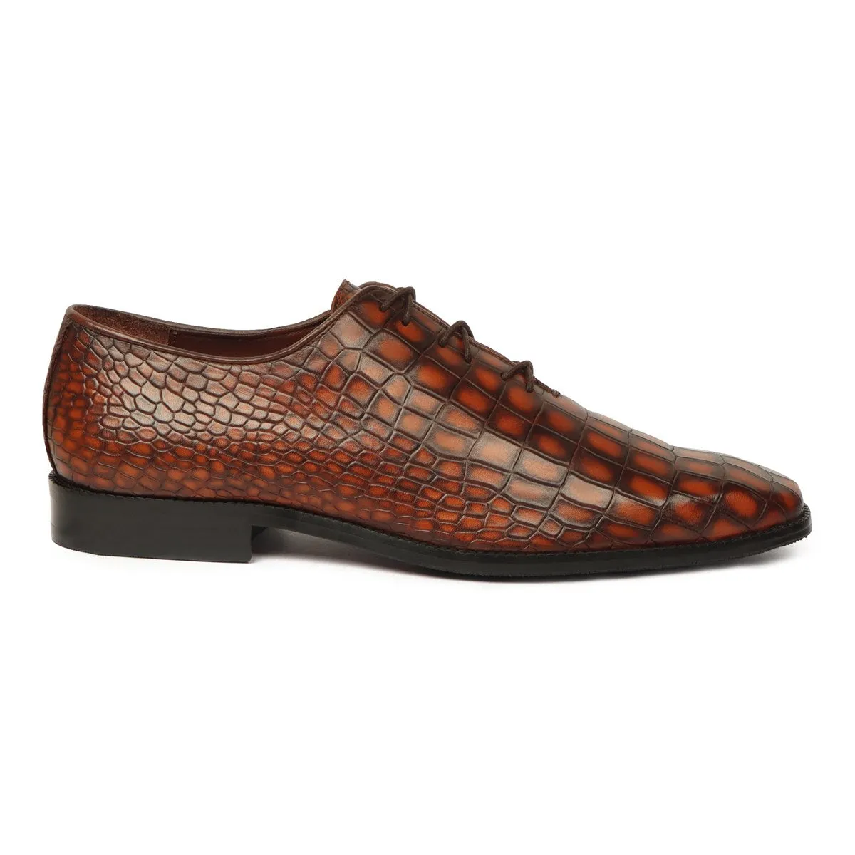 Smokey Tan Oxford Lace-Up Shoes with Full Deep Cut Croco Textured Leather