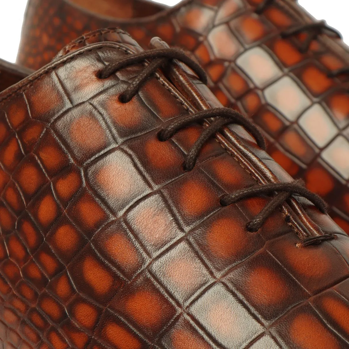 Smokey Tan Oxford Lace-Up Shoes with Full Deep Cut Croco Textured Leather