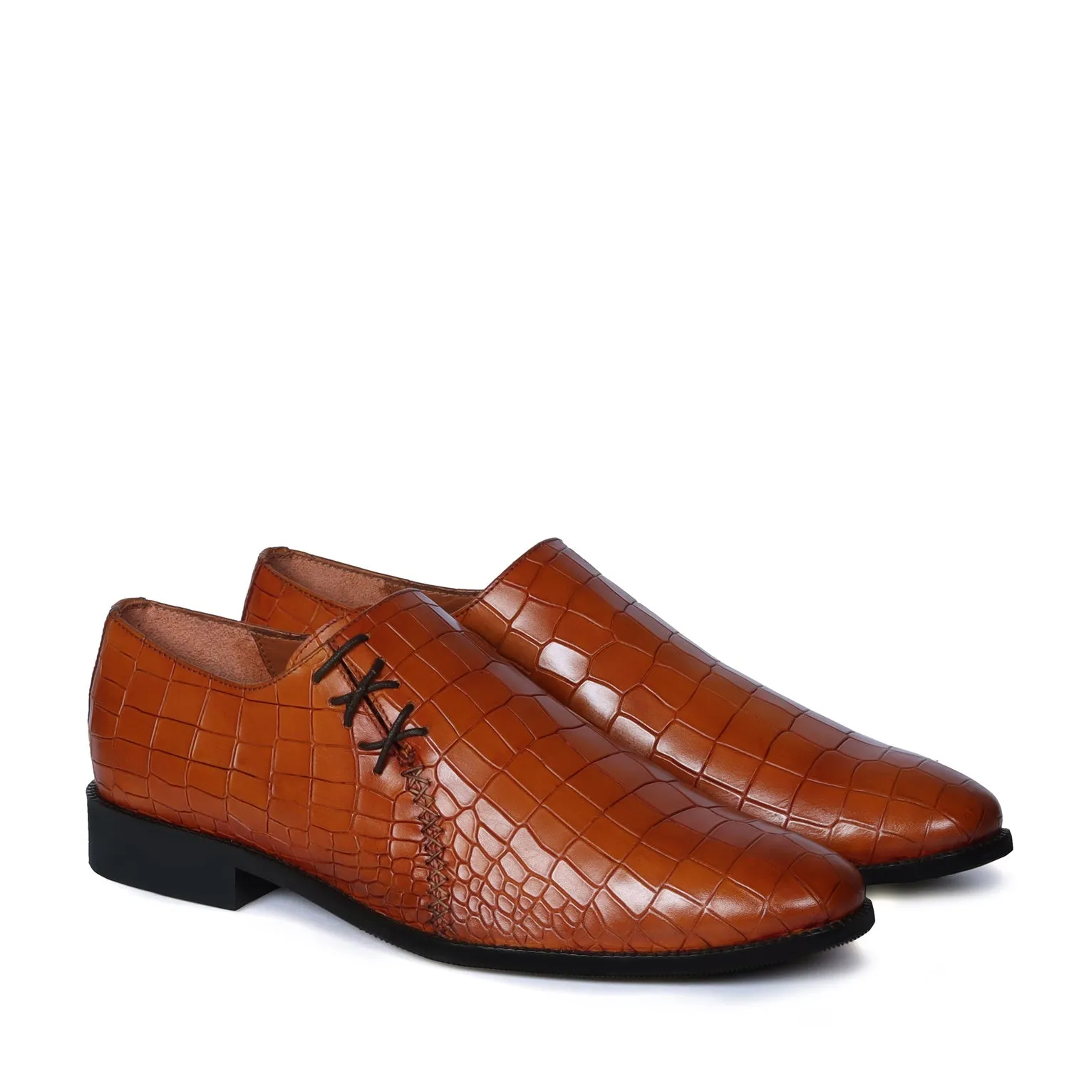 Tan Cross Stitched Oxford Side Lacing Full Deep Cut Croco Textured Leather Formal Shoes by Brune & Bareskin