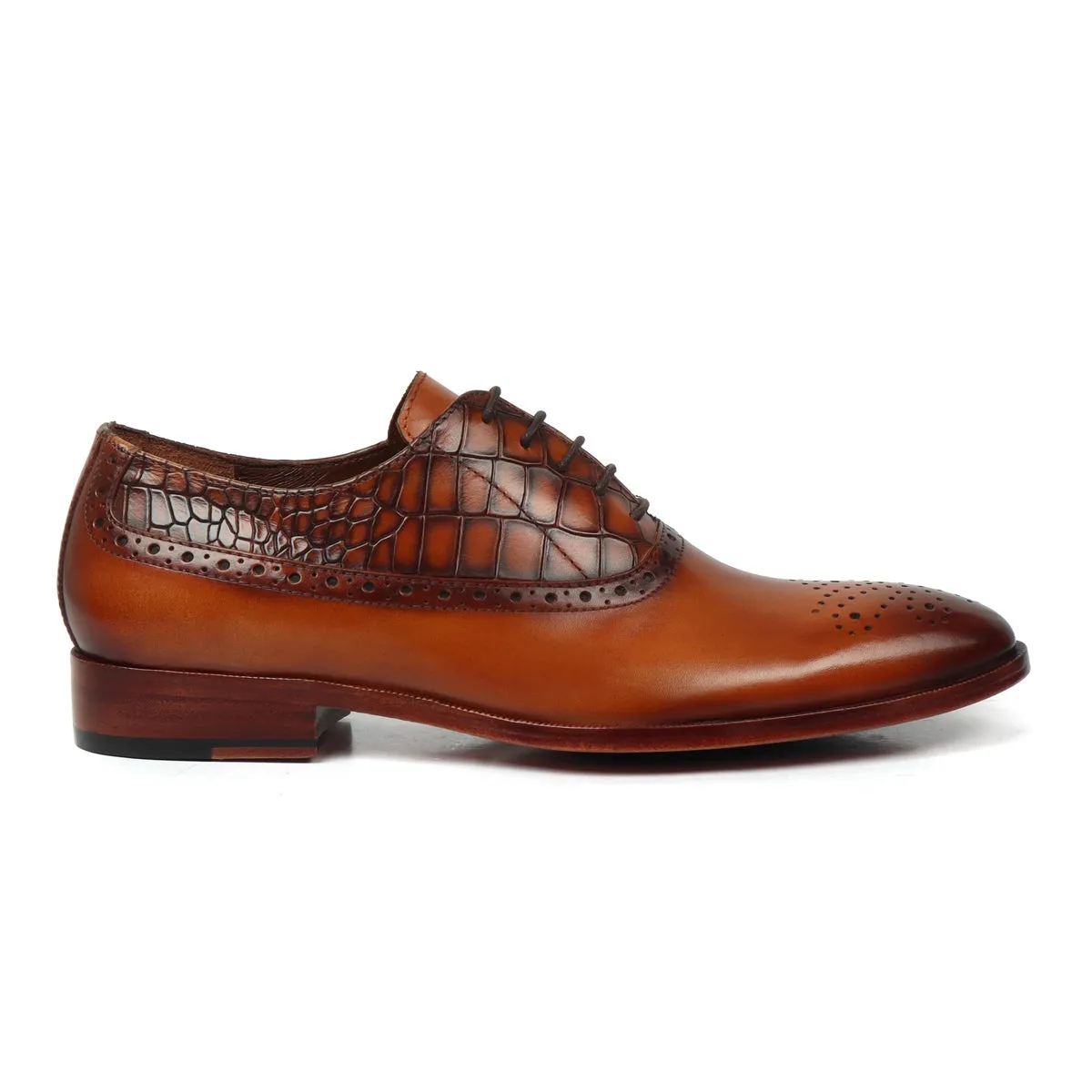 Tan Silhouette Vamp-Quarter Smokey Finish Deep Cut Croco Leather Oxford Shoes by Brune & Bareskin