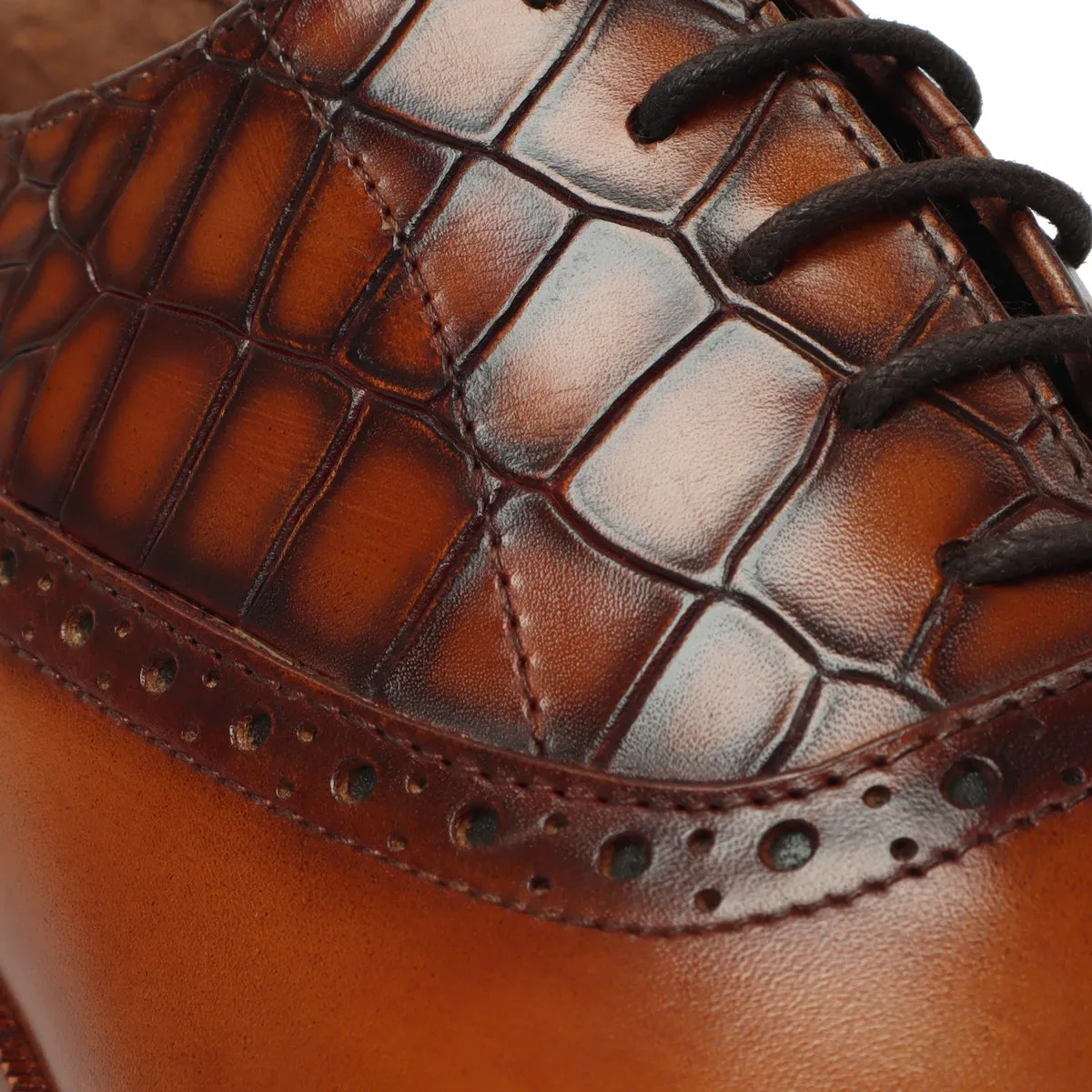 Tan Silhouette Vamp-Quarter Smokey Finish Deep Cut Croco Leather Oxford Shoes by Brune & Bareskin