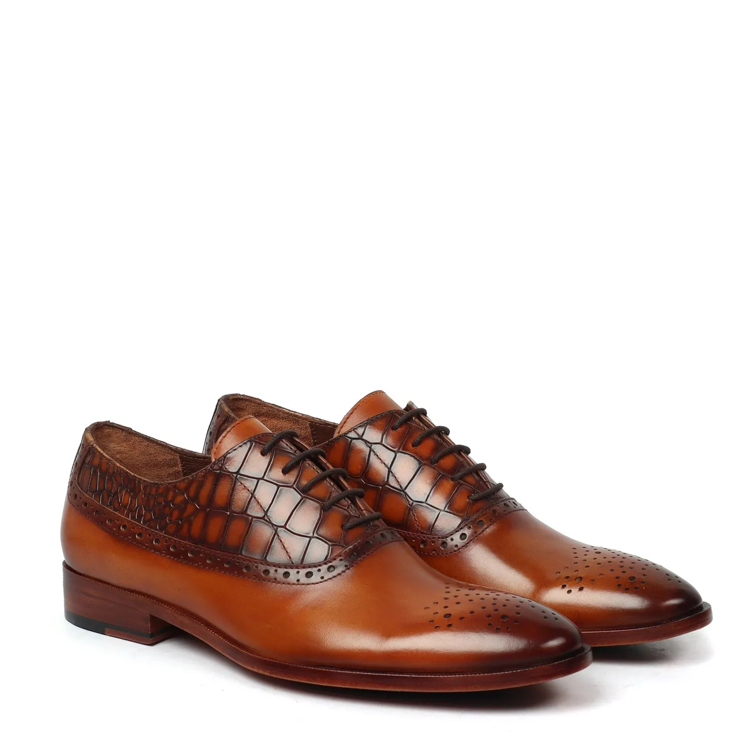 Tan Silhouette Vamp-Quarter Smokey Finish Deep Cut Croco Leather Oxford Shoes by Brune & Bareskin