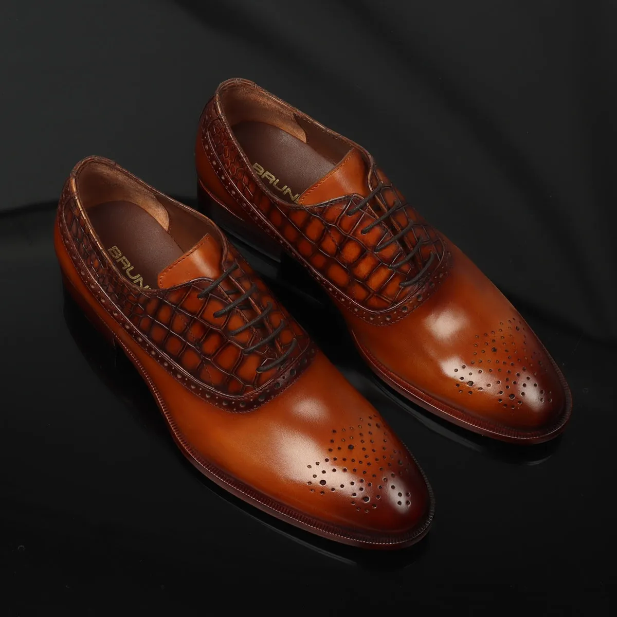 Tan Silhouette Vamp-Quarter Smokey Finish Deep Cut Croco Leather Oxford Shoes by Brune & Bareskin