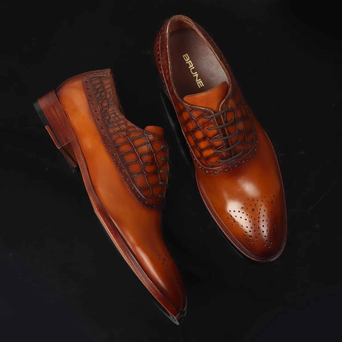 Tan Silhouette Vamp-Quarter Smokey Finish Deep Cut Croco Leather Oxford Shoes by Brune & Bareskin