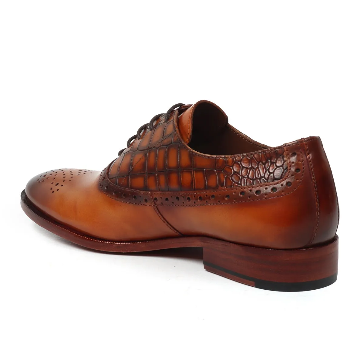 Tan Silhouette Vamp-Quarter Smokey Finish Deep Cut Croco Leather Oxford Shoes by Brune & Bareskin