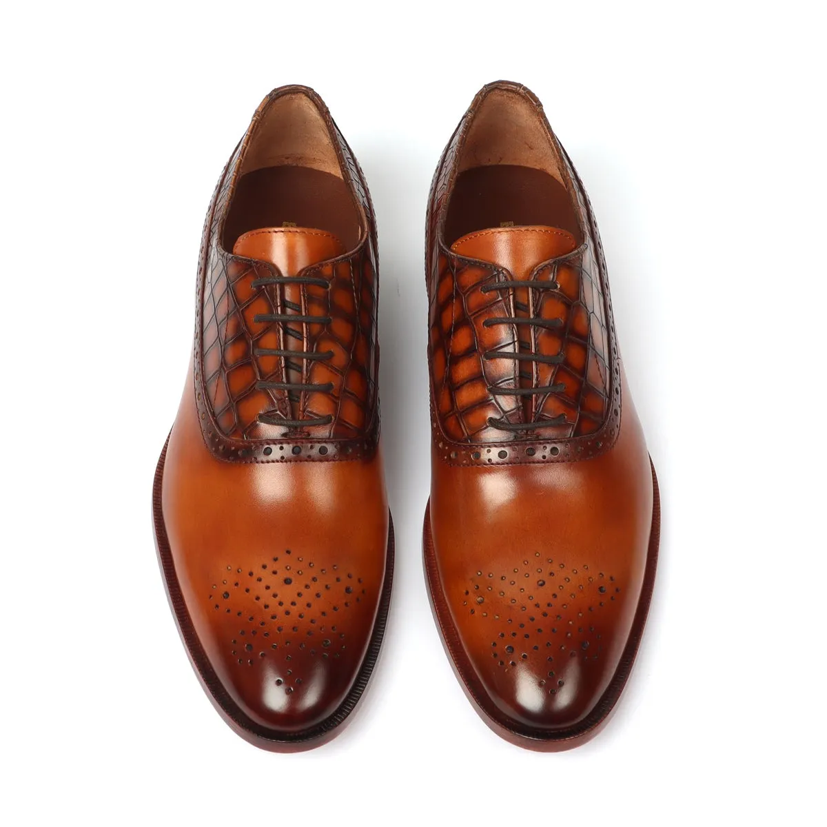 Tan Silhouette Vamp-Quarter Smokey Finish Deep Cut Croco Leather Oxford Shoes by Brune & Bareskin