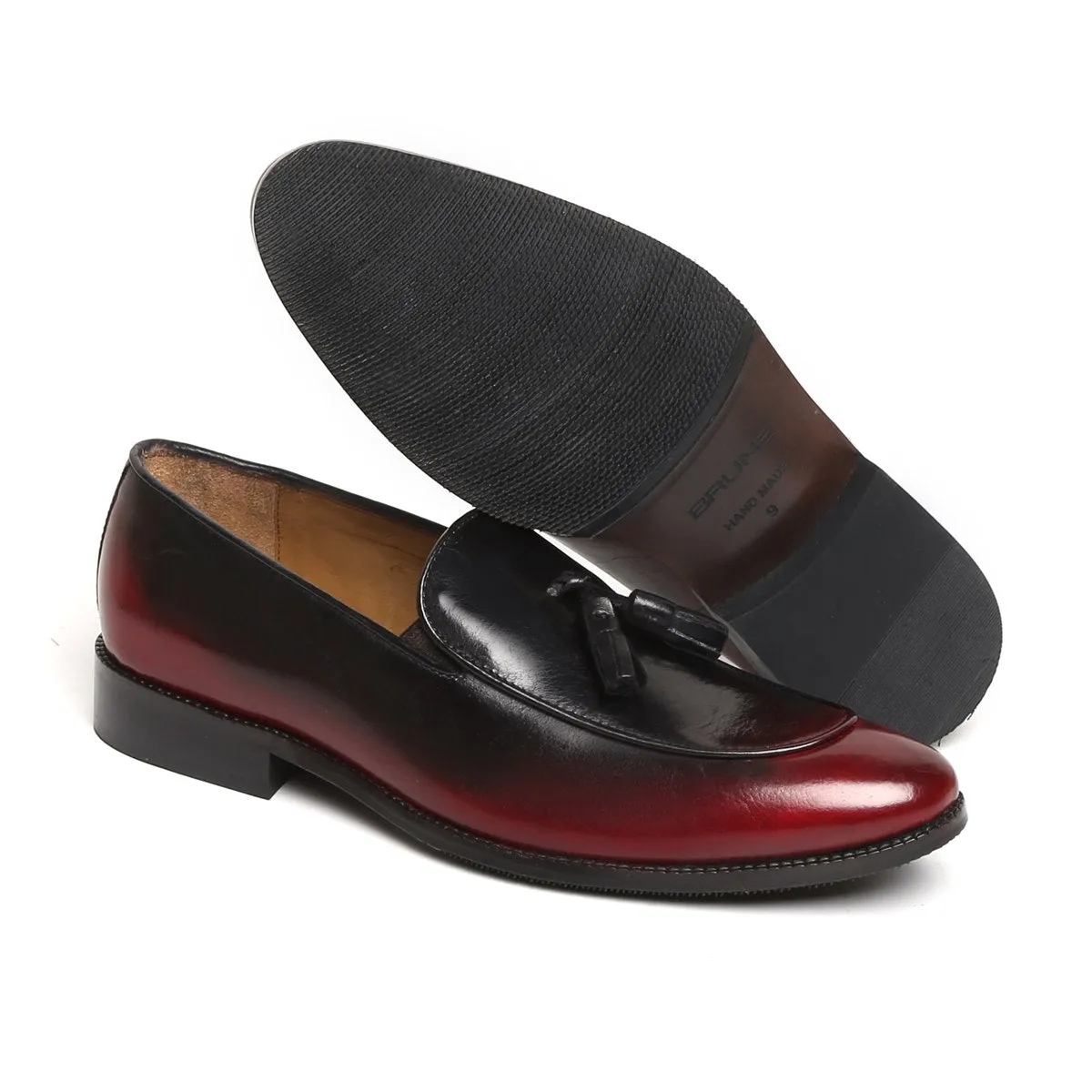 Tassel Slip-On Formal Shoe in Wine-Black Brushed Off Genuine Leather