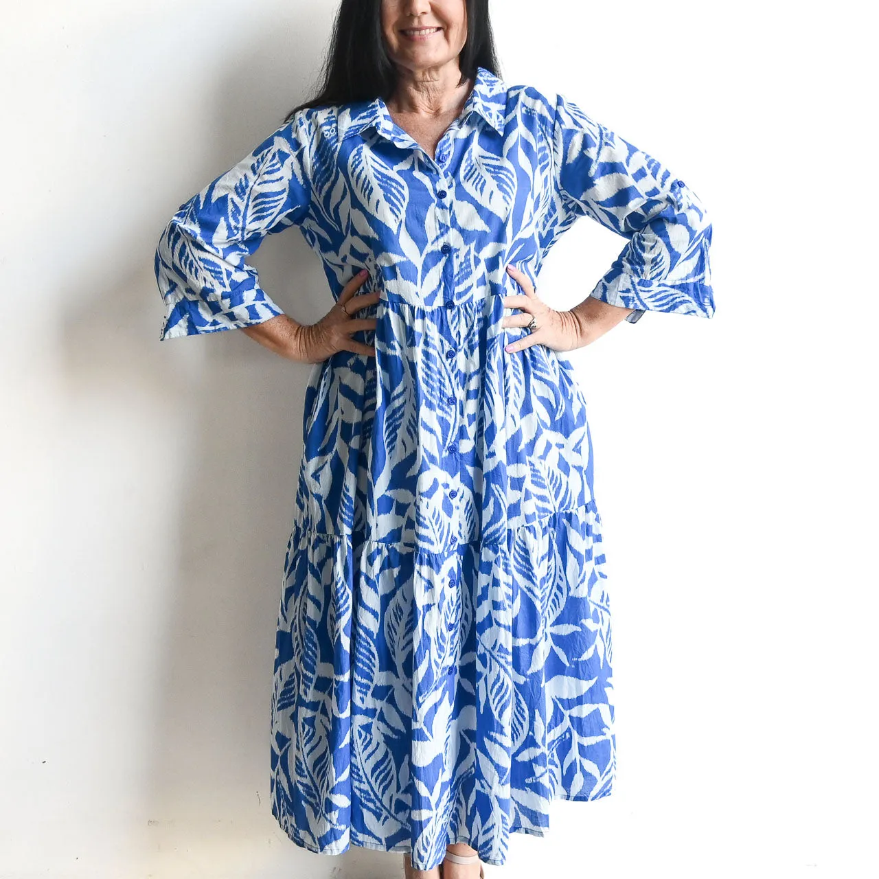 Tiered Button-Through Midi Dress by Orientique Australia - Hayman Blue - 40061