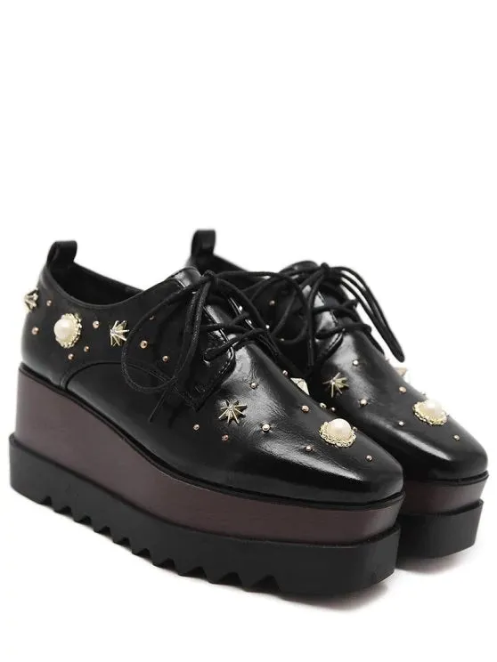 Trendy PU Leather Faux Pearl Embellished Wedge Shoes