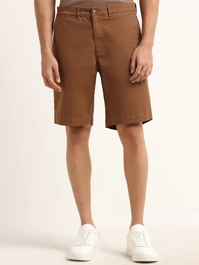 WES Casuals Brown Solid Relaxed Fit Cotton Blend Mid Rise Shorts