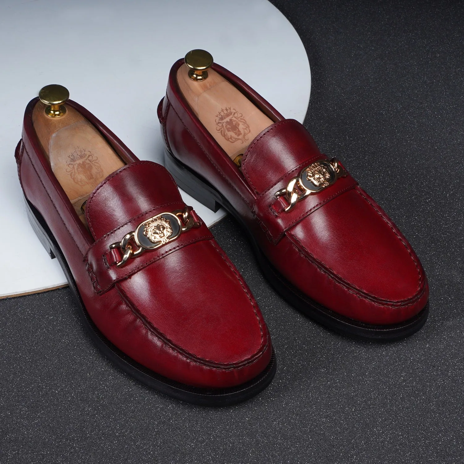 Wine Moccasin Loafer with Trademark Lion Logo Buckle