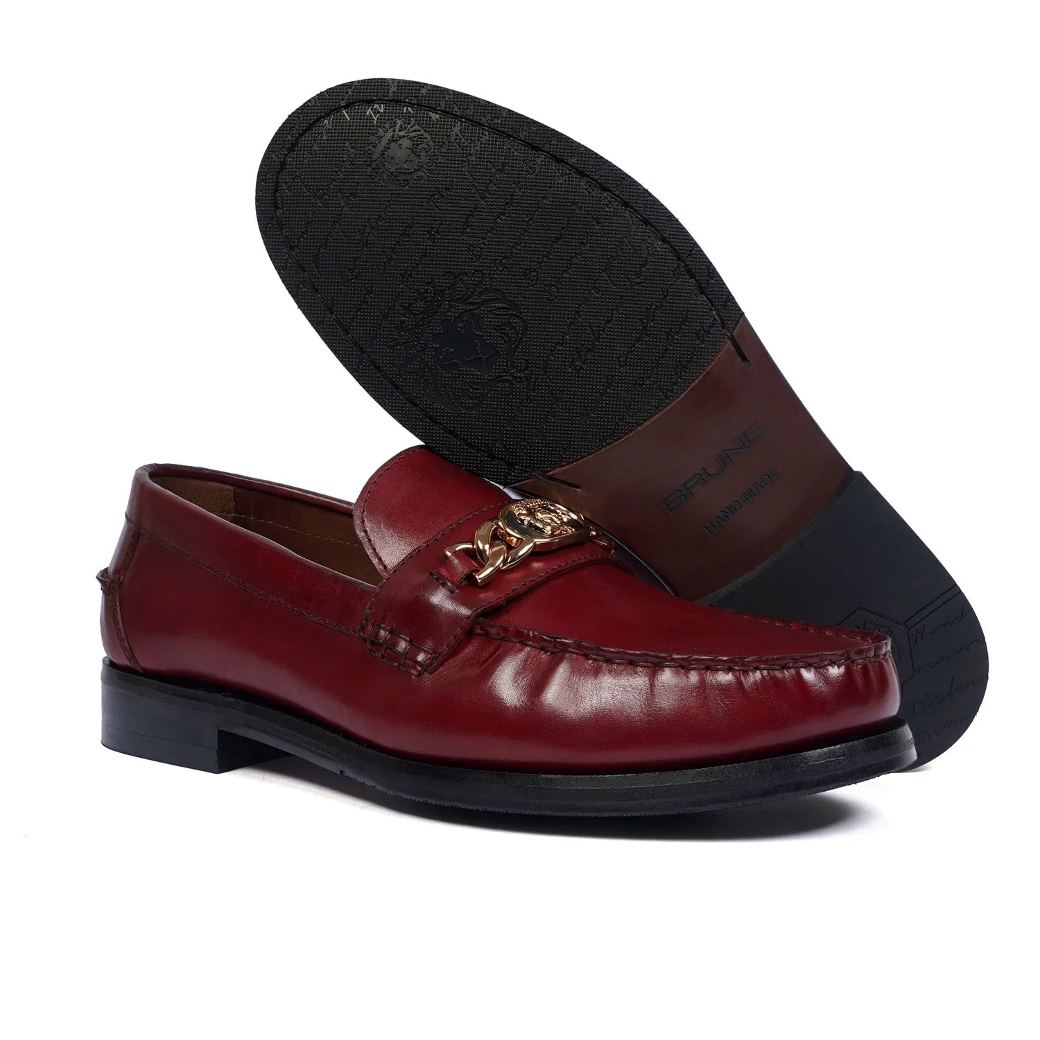 Wine Moccasin Loafer with Trademark Lion Logo Buckle