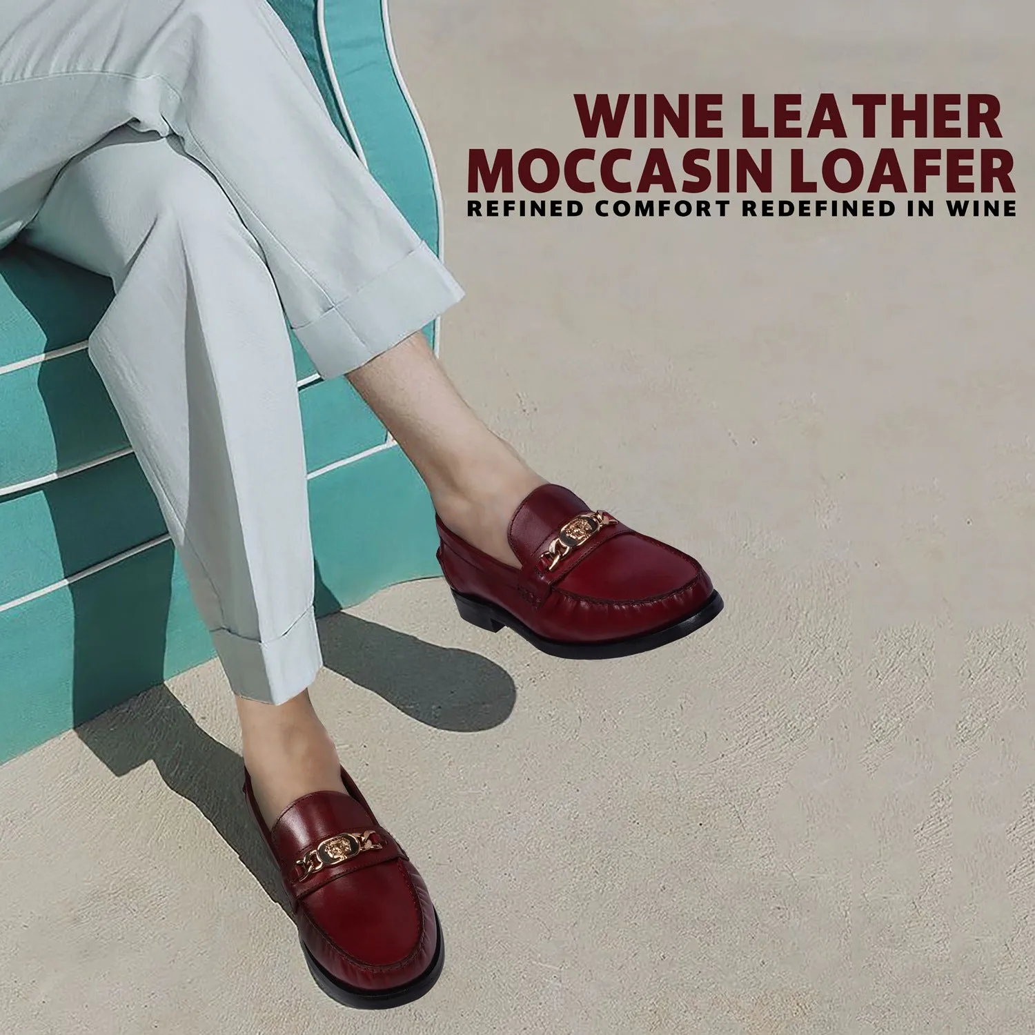 Wine Moccasin Loafer with Trademark Lion Logo Buckle