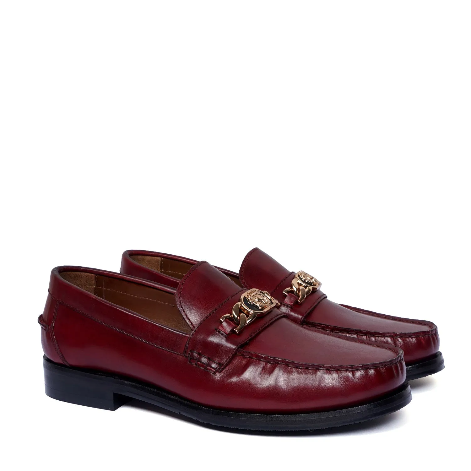 Wine Moccasin Loafer with Trademark Lion Logo Buckle