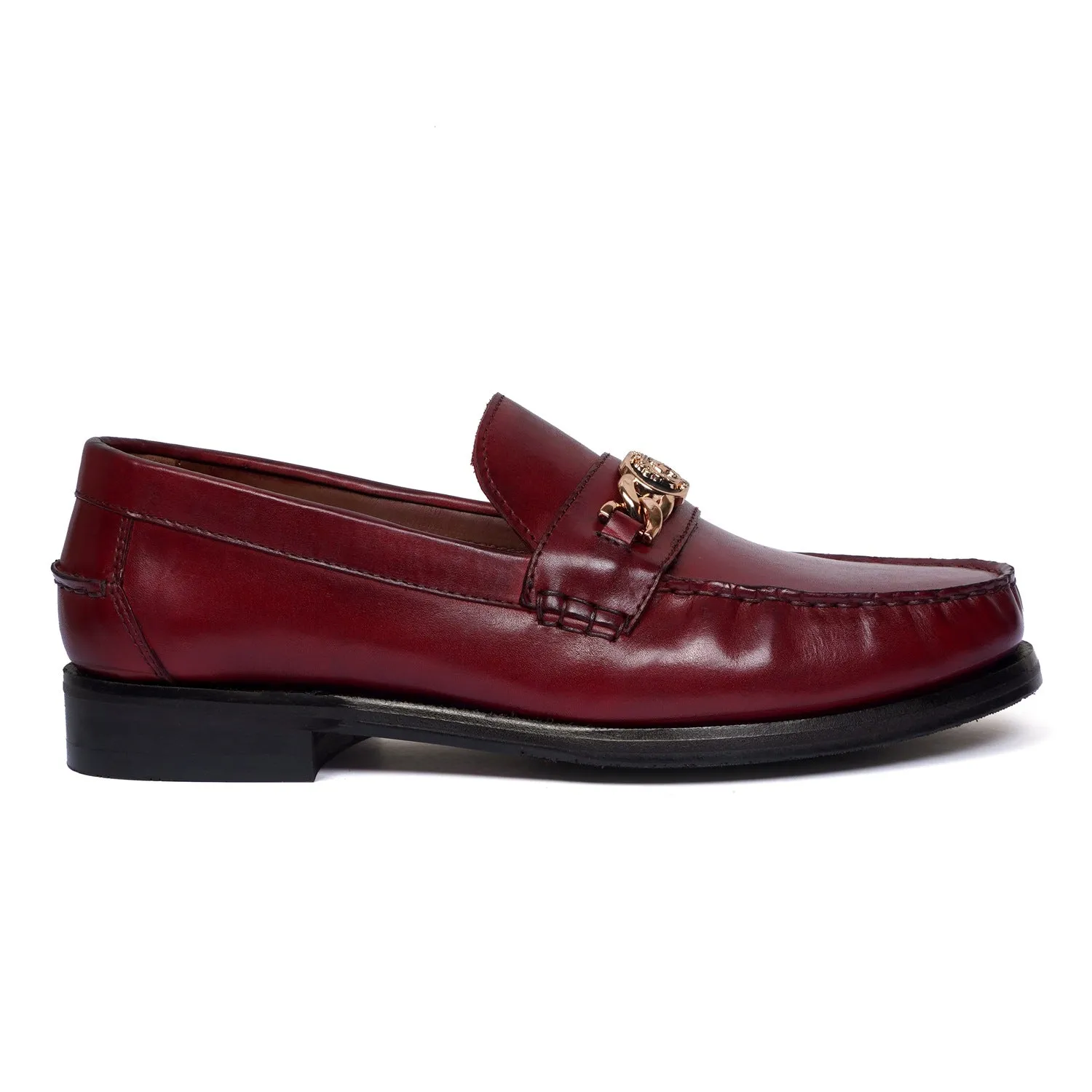 Wine Moccasin Loafer with Trademark Lion Logo Buckle