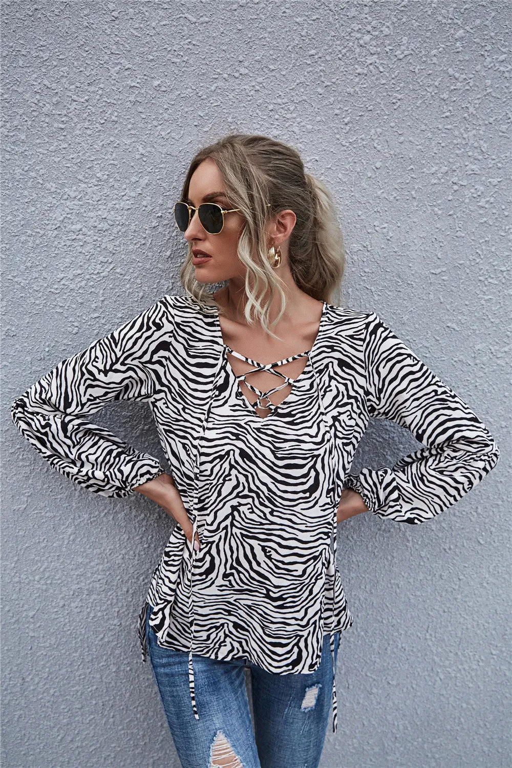 Zebra Print Long Sleeve Blouse